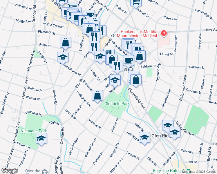 map of restaurants, bars, coffee shops, grocery stores, and more near 69 Mission Street in Montclair