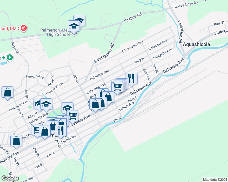 map of restaurants, bars, coffee shops, grocery stores, and more near 626 Franklin Avenue in Palmerton