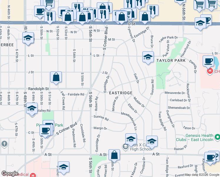 map of restaurants, bars, coffee shops, grocery stores, and more near 5800 Randolph Street in Lincoln