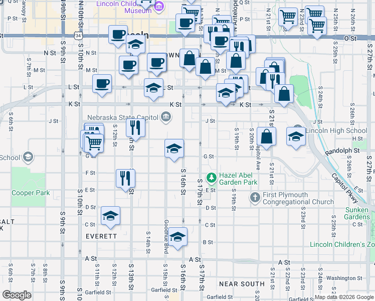 map of restaurants, bars, coffee shops, grocery stores, and more near 1637 G Street in Lincoln