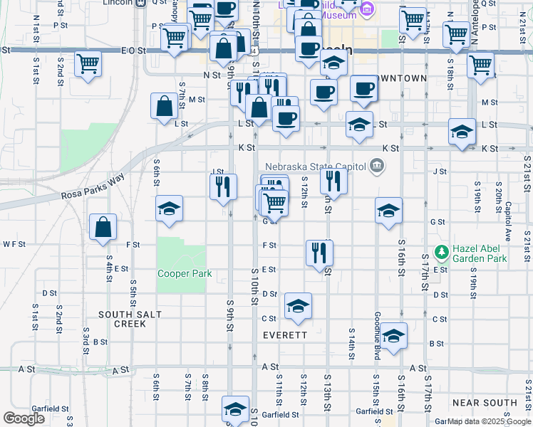 map of restaurants, bars, coffee shops, grocery stores, and more near 1020 G Street in Lincoln