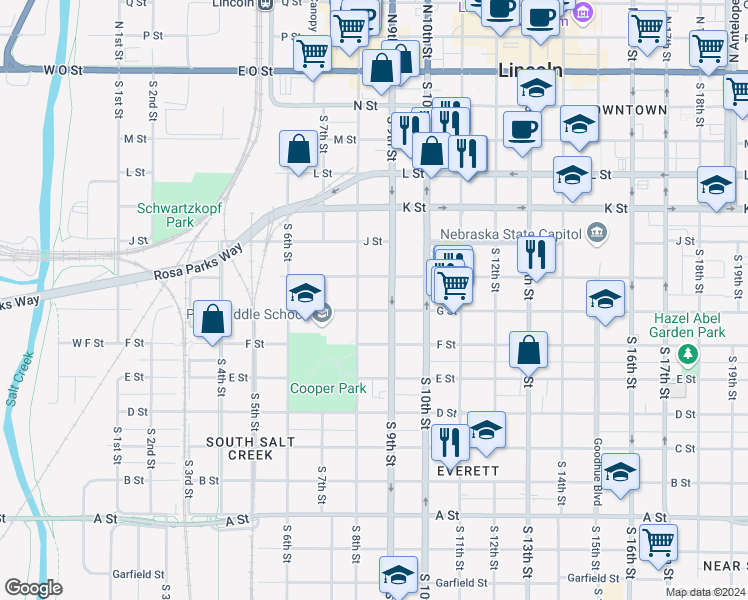 map of restaurants, bars, coffee shops, grocery stores, and more near 808 G Street in Lincoln