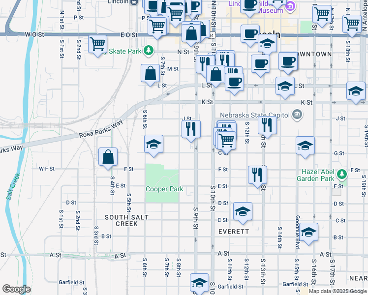 map of restaurants, bars, coffee shops, grocery stores, and more near 808 G Street in Lincoln