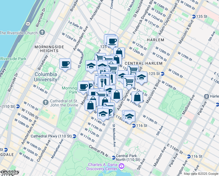 map of restaurants, bars, coffee shops, grocery stores, and more near 271 West 119th Street in New York