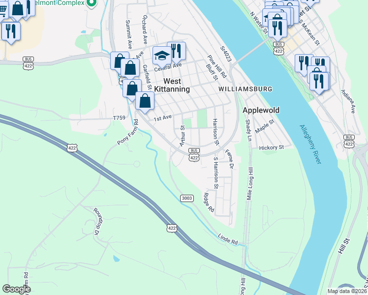 map of restaurants, bars, coffee shops, grocery stores, and more near 709 North Crescent Avenue in Kittanning