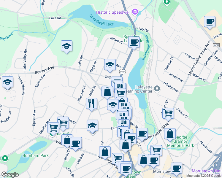 map of restaurants, bars, coffee shops, grocery stores, and more near 14 Speedwell Place in Morristown