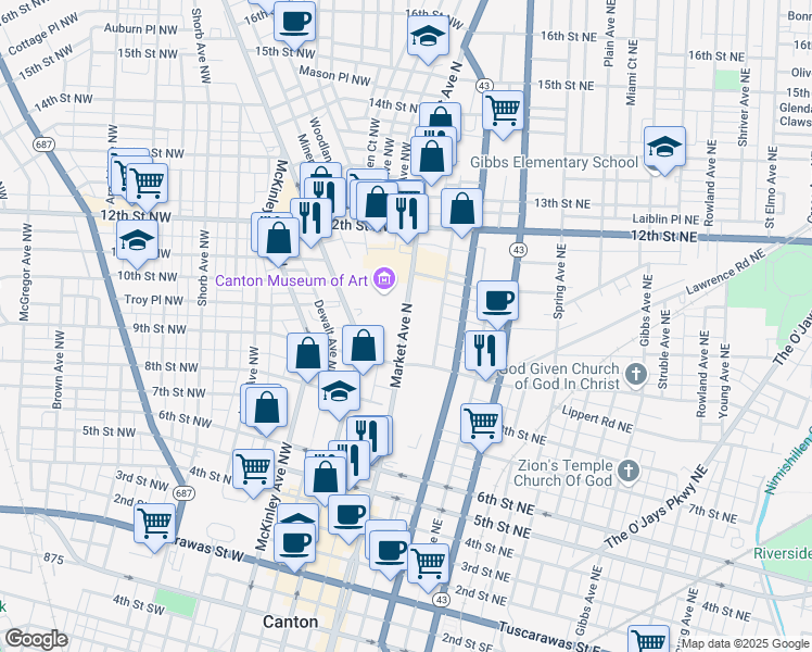 map of restaurants, bars, coffee shops, grocery stores, and more near 1000 Market Avenue North in Canton