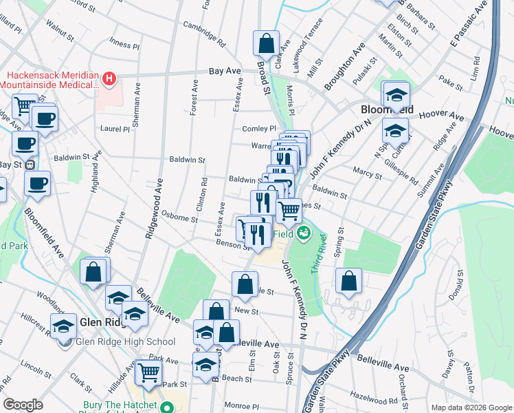 map of restaurants, bars, coffee shops, grocery stores, and more near 27 Waverly Terrace in Bloomfield