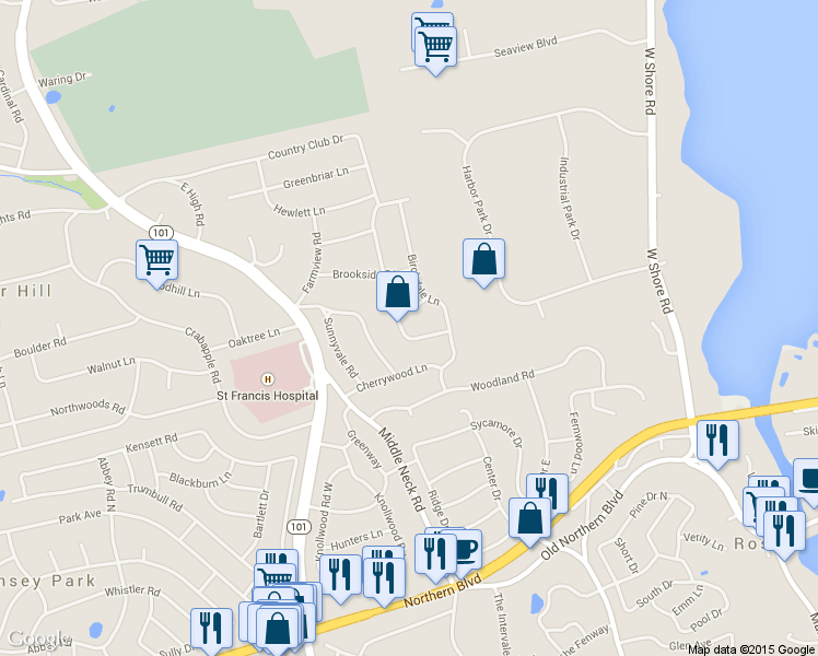 map of restaurants, bars, coffee shops, grocery stores, and more near 14 Maple Dr in Port Washington