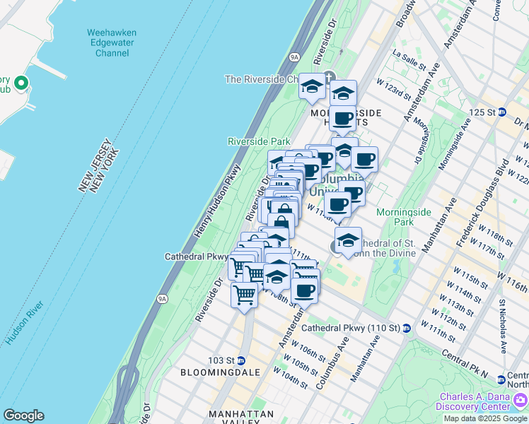 map of restaurants, bars, coffee shops, grocery stores, and more near 605 West 112th Street in New York