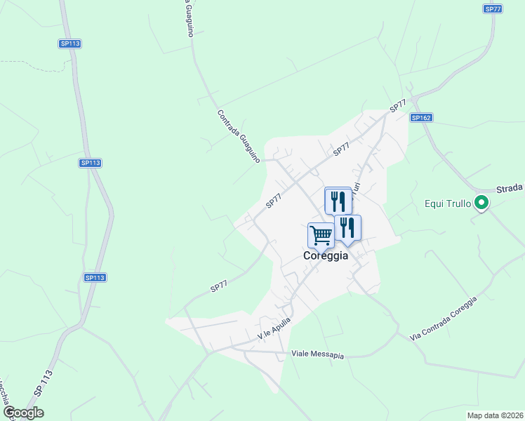 map of restaurants, bars, coffee shops, grocery stores, and more near Strada Provinciale 77 in Città Metropolitana di Bari