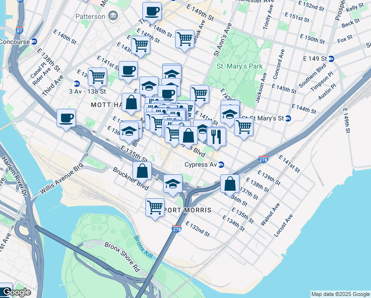 map of restaurants, bars, coffee shops, grocery stores, and more near 590 East 138th Street in The Bronx