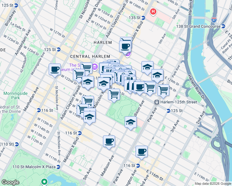 map of restaurants, bars, coffee shops, grocery stores, and more near 35 Mount Morris Park West in New York