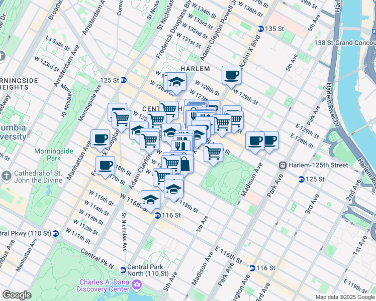 map of restaurants, bars, coffee shops, grocery stores, and more near 241 Lenox Avenue in New York