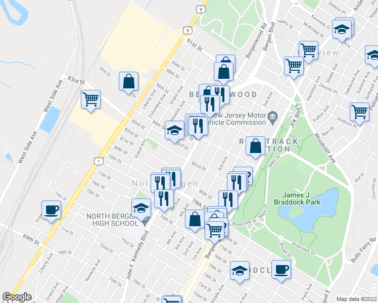 map of restaurants, bars, coffee shops, grocery stores, and more near 8203 John F. Kennedy Boulevard in North Bergen