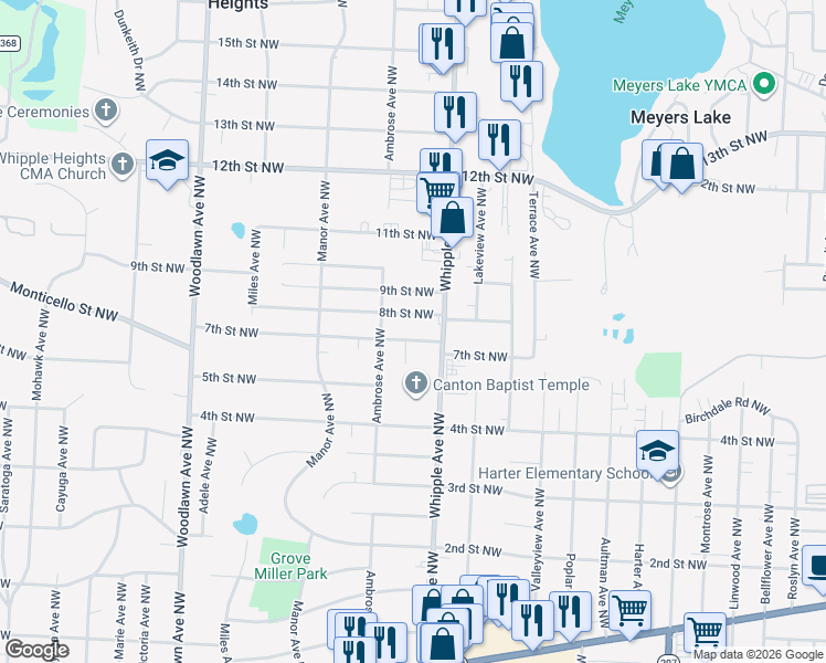 map of restaurants, bars, coffee shops, grocery stores, and more near 4451 7th Street Northwest in Canton