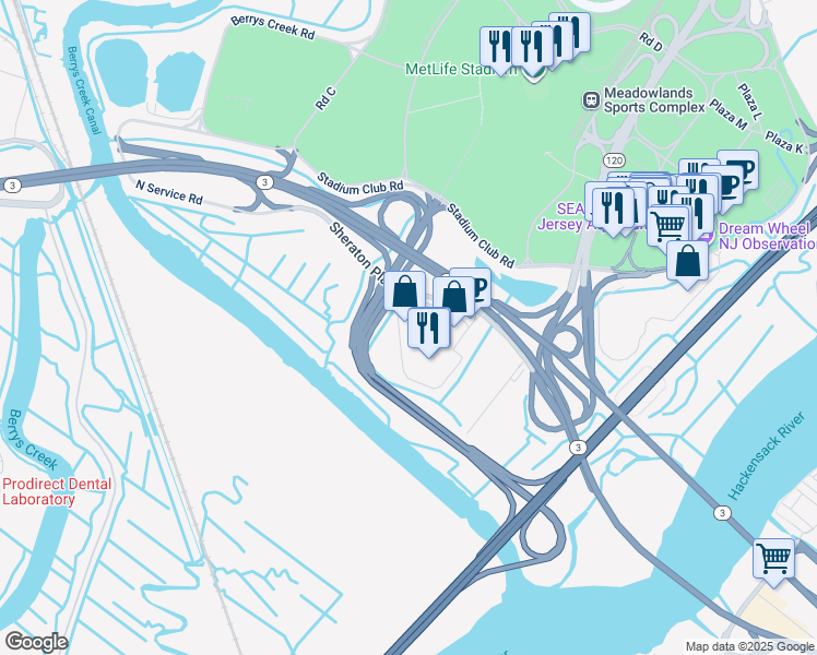 map of restaurants, bars, coffee shops, grocery stores, and more near 1 Meadowlands Plaza in East Rutherford