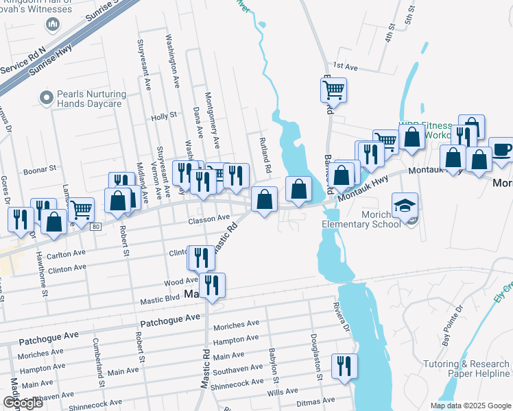map of restaurants, bars, coffee shops, grocery stores, and more near Montauk Highway & Mastic Road in Mastic