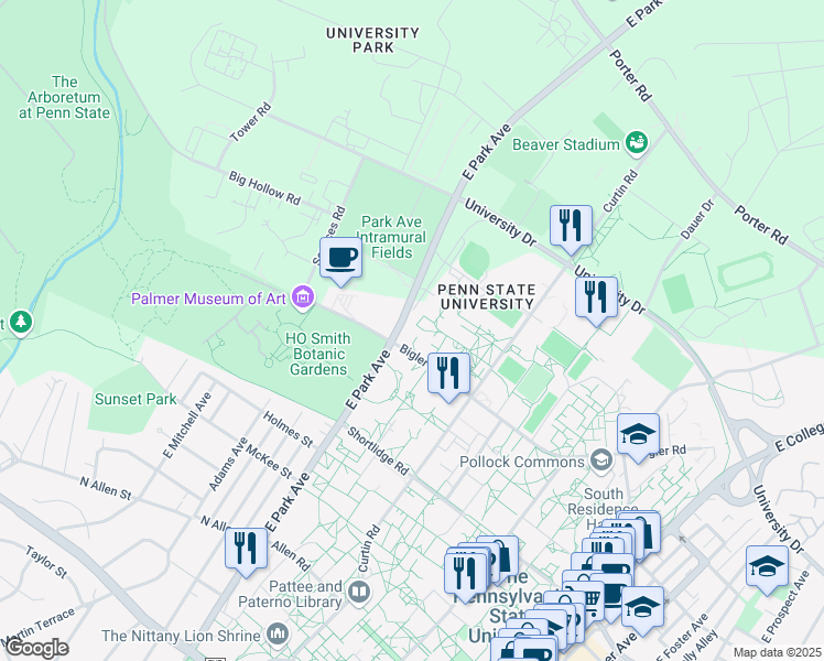 map of restaurants, bars, coffee shops, grocery stores, and more near 1899 East Park Avenue in State College