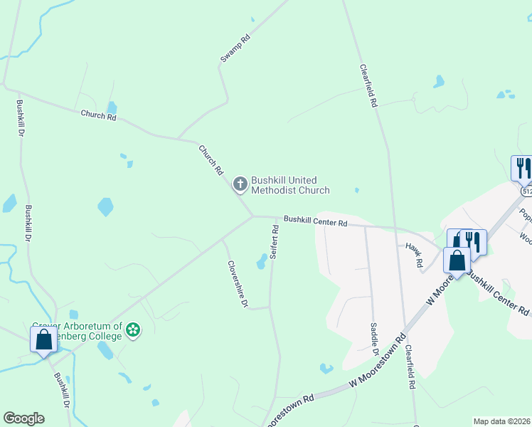 map of restaurants, bars, coffee shops, grocery stores, and more near 1492 Bushkill Center Road in Nazareth