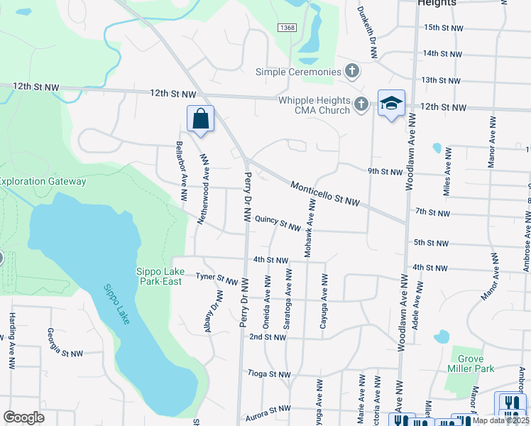 map of restaurants, bars, coffee shops, grocery stores, and more near 5083 Quincy Street Northwest in Canton