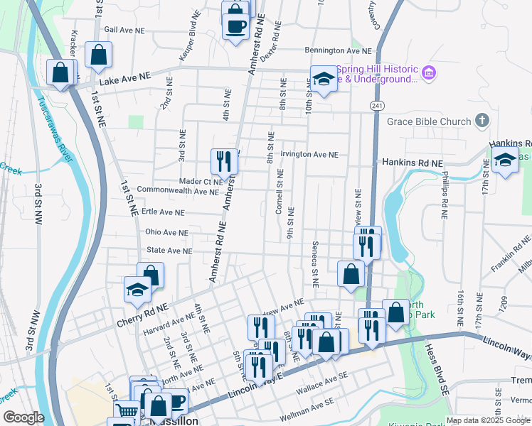 map of restaurants, bars, coffee shops, grocery stores, and more near 875 8th Street Northeast in Massillon