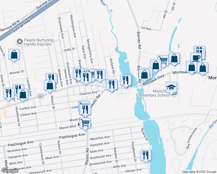 map of restaurants, bars, coffee shops, grocery stores, and more near 1751 Montauk Highway in Mastic