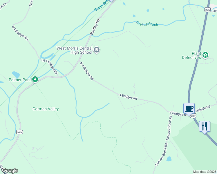 map of restaurants, bars, coffee shops, grocery stores, and more near 32 South 4 Bridges Road in Chester