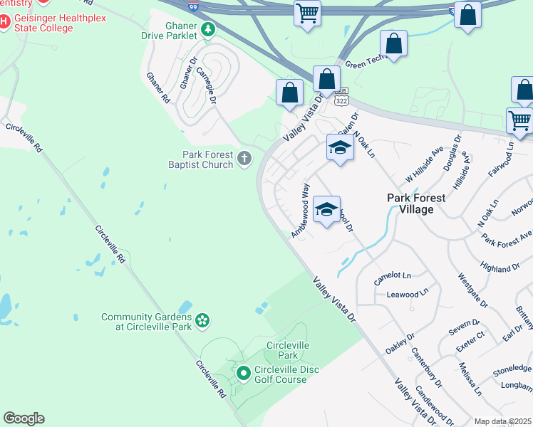 map of restaurants, bars, coffee shops, grocery stores, and more near 459 Valley Vista Drive in State College