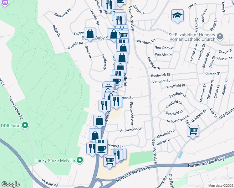 map of restaurants, bars, coffee shops, grocery stores, and more near 5 East Lyons Street in Melville