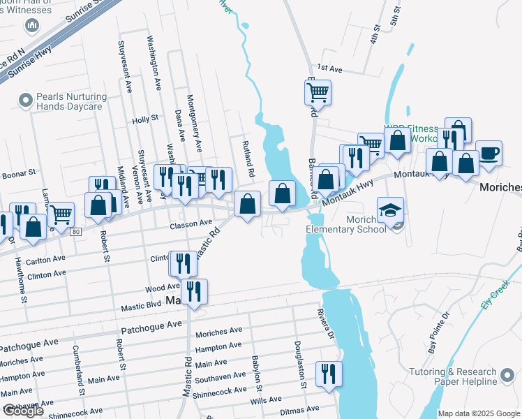 map of restaurants, bars, coffee shops, grocery stores, and more near 1775 Montauk Highway in Mastic