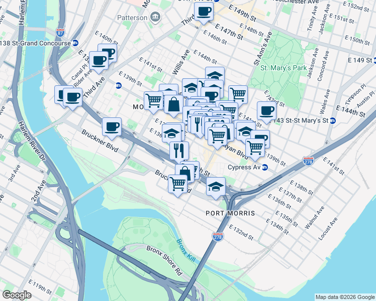 map of restaurants, bars, coffee shops, grocery stores, and more near East 136th Street in Bronx