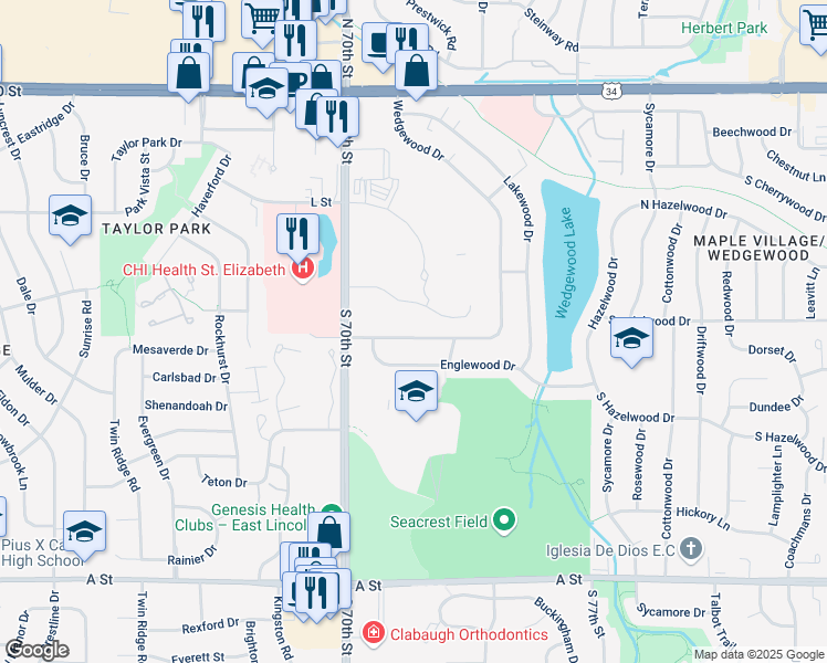 map of restaurants, bars, coffee shops, grocery stores, and more near 7150 South Wedgewood Drive in Lincoln
