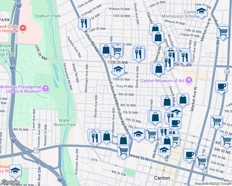 map of restaurants, bars, coffee shops, grocery stores, and more near 900 Fulton Road Northwest in Canton
