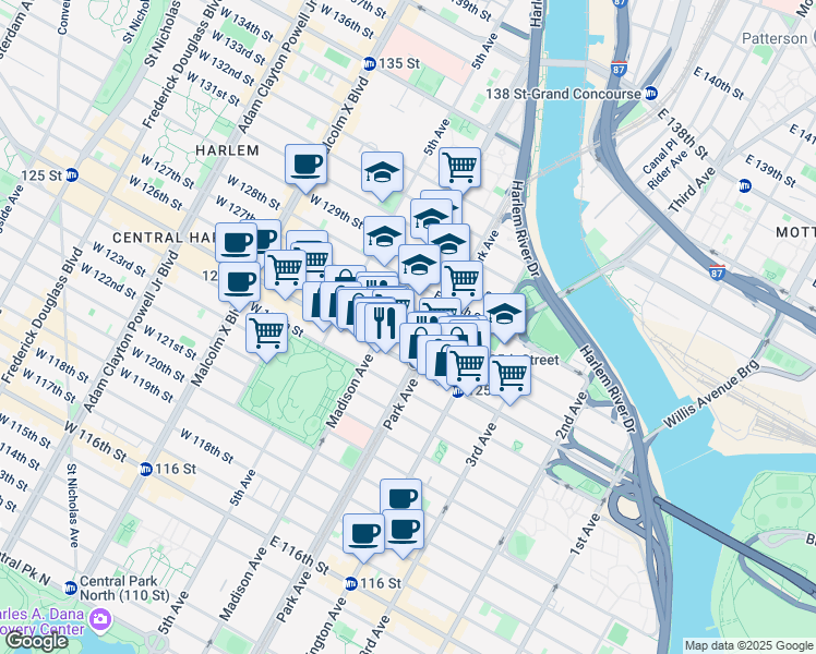 map of restaurants, bars, coffee shops, grocery stores, and more near 49 East 126th Street in New York