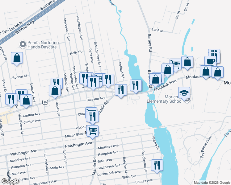 map of restaurants, bars, coffee shops, grocery stores, and more near 1743 Montauk Highway in Mastic