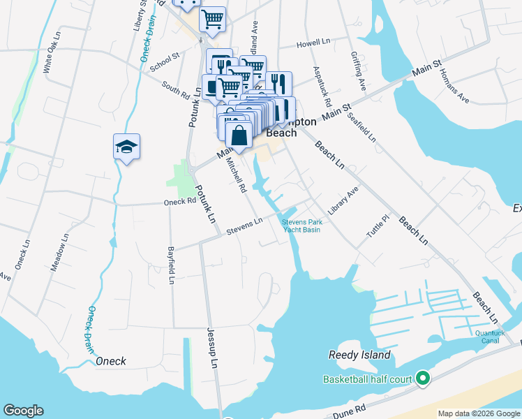 map of restaurants, bars, coffee shops, grocery stores, and more near 52 Stevens Lane in Westhampton Beach