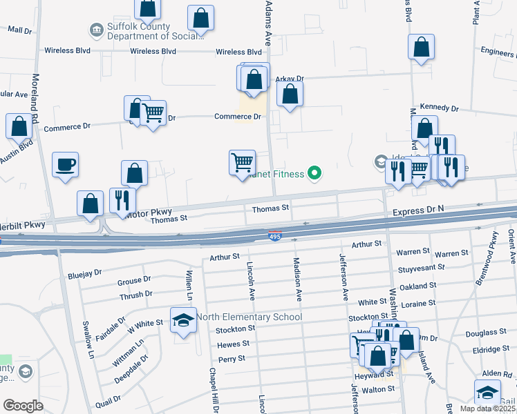 map of restaurants, bars, coffee shops, grocery stores, and more near 114 Thomas Street in Brentwood