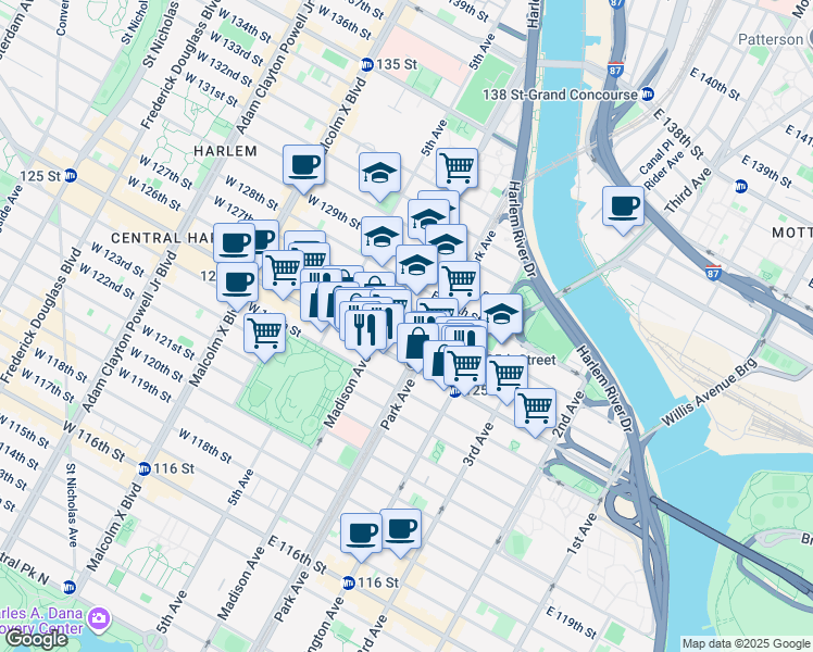 map of restaurants, bars, coffee shops, grocery stores, and more near 56 East 126th Street in New York