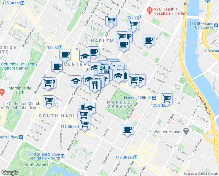 map of restaurants, bars, coffee shops, grocery stores, and more near 10 West 123rd Street in New York