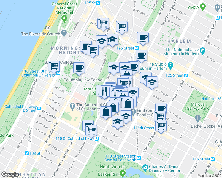 map of restaurants, bars, coffee shops, grocery stores, and more near 408 Manhattan Avenue in New York