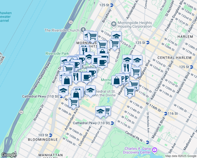 map of restaurants, bars, coffee shops, grocery stores, and more near 411 West 115th Street in New York