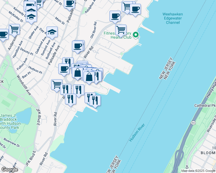 map of restaurants, bars, coffee shops, grocery stores, and more near 102 The Promenade in Edgewater