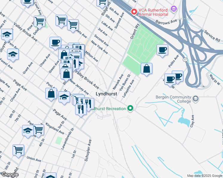 map of restaurants, bars, coffee shops, grocery stores, and more near in Lyndhurst