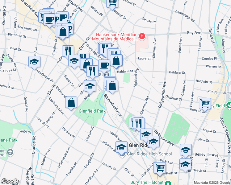 map of restaurants, bars, coffee shops, grocery stores, and more near 17 Bloomfield Avenue in Montclair