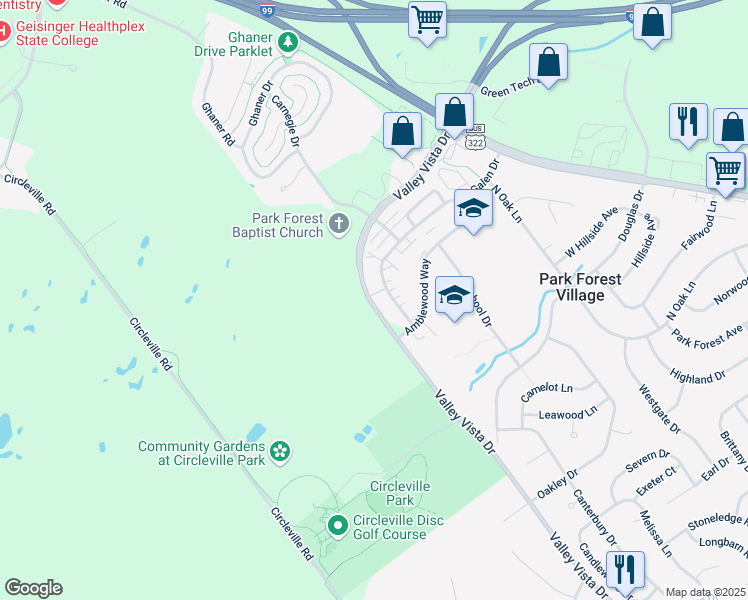 map of restaurants, bars, coffee shops, grocery stores, and more near 459-499 Valley Vista Drive in State College