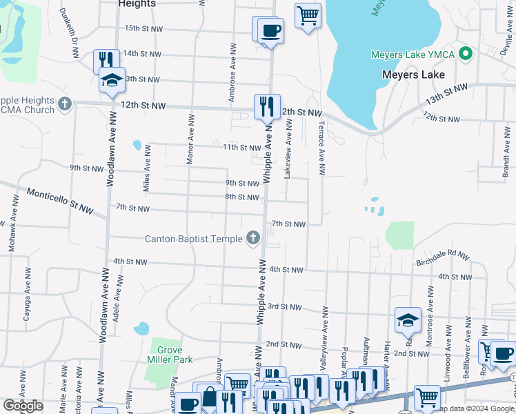 map of restaurants, bars, coffee shops, grocery stores, and more near 707 Whipple Avenue Northwest in Canton