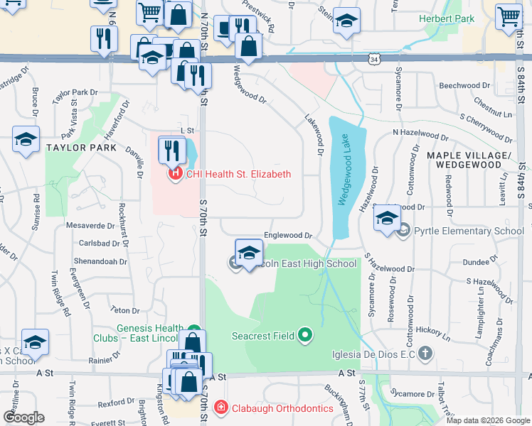 map of restaurants, bars, coffee shops, grocery stores, and more near 7251 South Wedgewood Drive in Lincoln