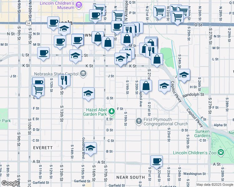 map of restaurants, bars, coffee shops, grocery stores, and more near 1834 G Street in Lincoln