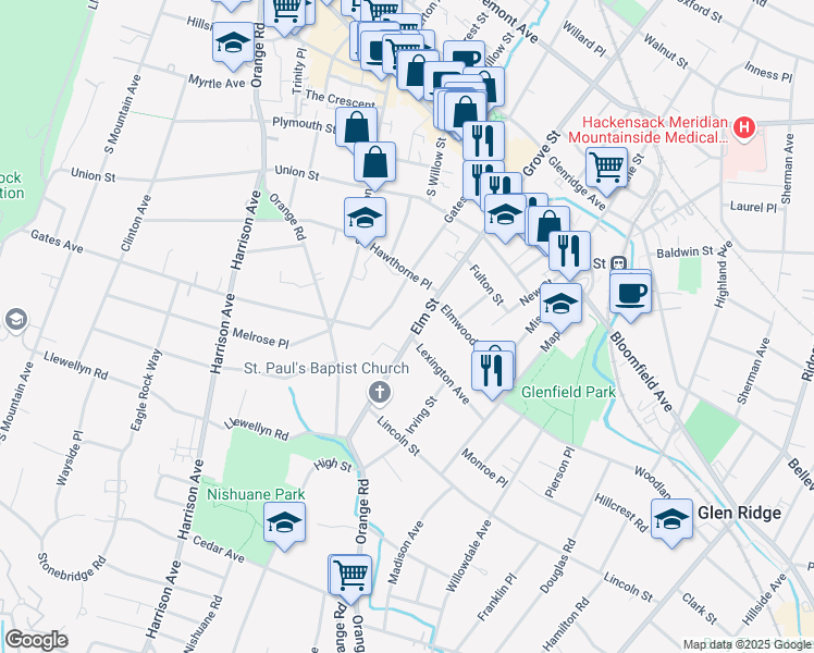 map of restaurants, bars, coffee shops, grocery stores, and more near 84 Elm Street in Montclair